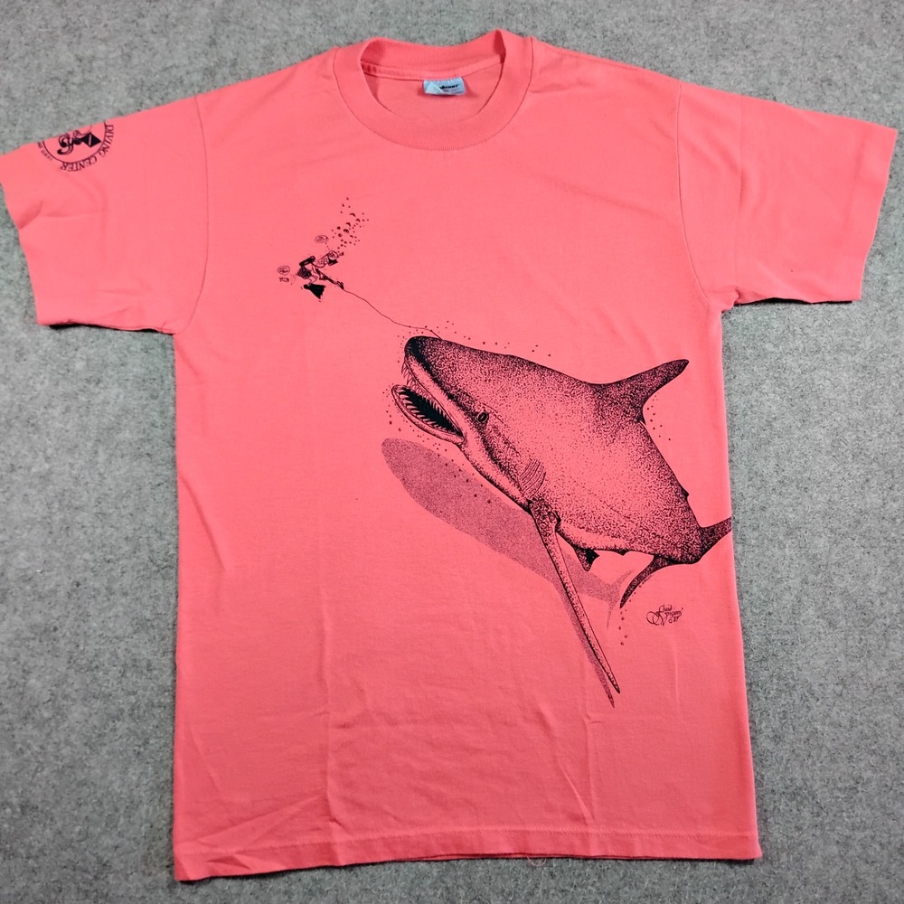 Vintage 1987 Stedman Fluid Visions Shark Scuba Diving T-Shirt Mens Medium Pink